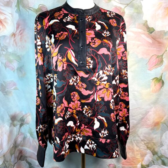 Marc New York Andrew Marc Floral Longsleeve Button Front Faux Leather Top - Picture 1 of 5